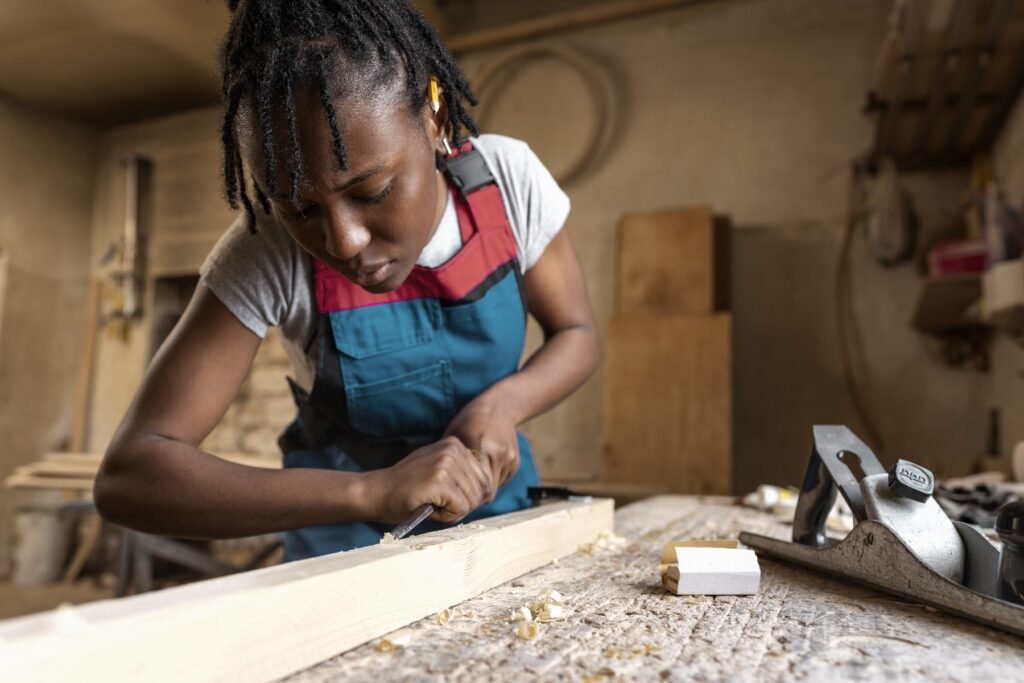 Menuisière rabotant une pièce de bois
