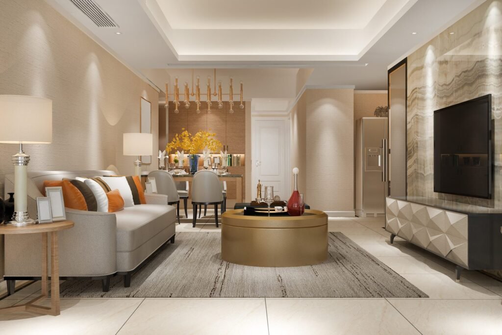 Salon haut de gamme avec finitions murales et plafond soignés